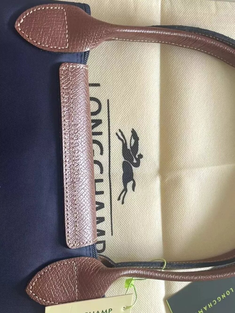 Longchamp Navy Blue Nylon Tote with Brown Leather Trim - Picture 8 of 10